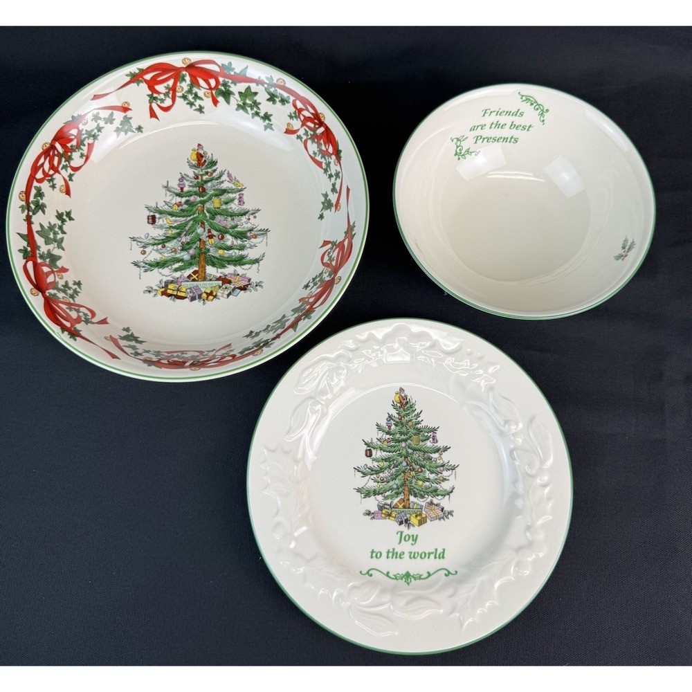 Lot Of 3 Christmas Tree Red Ribbon Bowl Joy Plate & Friends Bowl